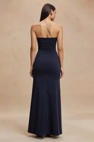 Load image into Gallery viewer, Simple Navy Satin Mermaid Strapless Long Formal Dress