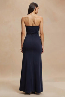 Simple Navy Satin Mermaid Strapless Long Formal Dress