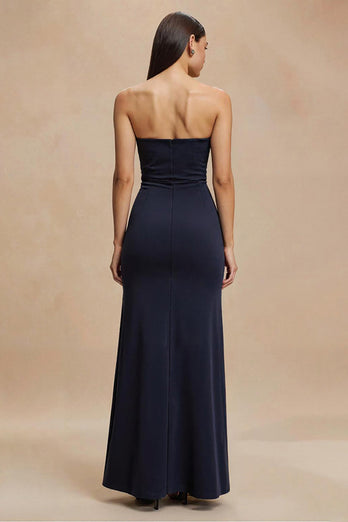 Simple Navy Satin Mermaid Strapless Long Formal Dress