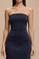 Load image into Gallery viewer, Simple Navy Satin Mermaid Strapless Long Formal Dress