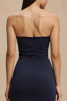 Load image into Gallery viewer, Simple Navy Satin Mermaid Strapless Long Formal Dress