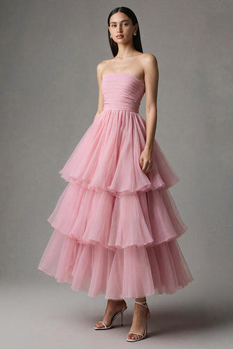 Pink Tulle Strapless A-Line Ruffled Tiered Long Pageant Dress