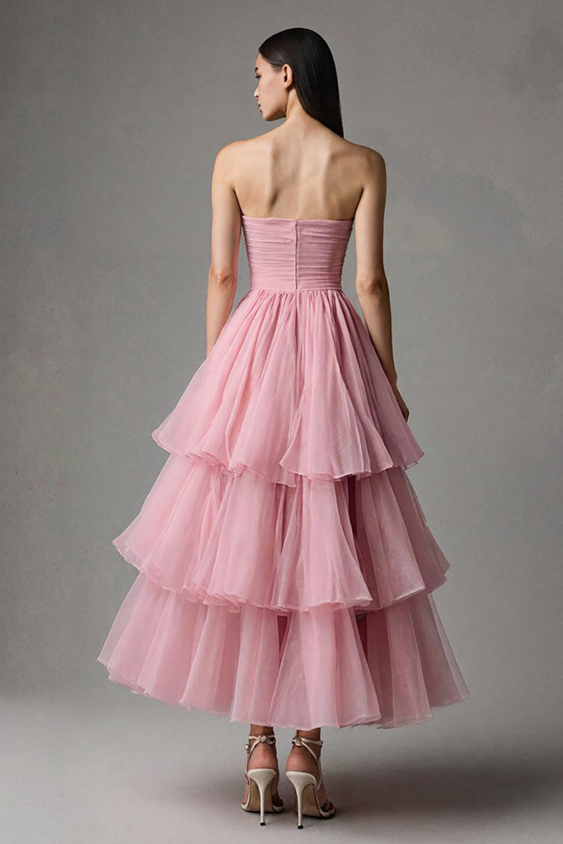 Load image into Gallery viewer, Pink Tulle Strapless A-Line Ruffled Tiered Long Pageant Dress