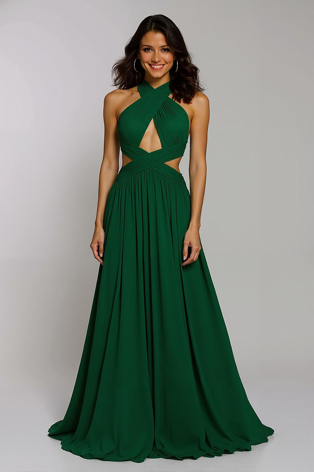 Dark Green Chiffon Halter Cut-Out A-Line Long Holiday Party Dress
