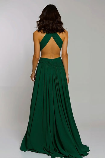 Dark Green Chiffon Halter Cut-Out A-Line Long Holiday Party Dress