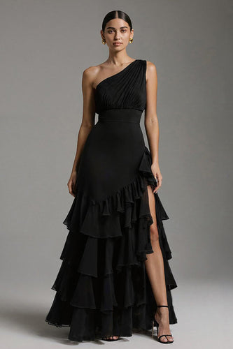 Black Chiffon One Shoulder Ruffled Long Formal Dress with Slit