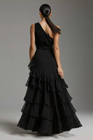 Load image into Gallery viewer, Black Chiffon One Shoulder Ruffled Long Formal Dress with Slit