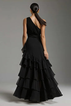 Black Chiffon One Shoulder Ruffled Long Formal Dress with Slit