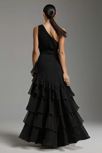 Black Chiffon One Shoulder Ruffled Long Formal Dress with Slit