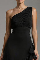 Load image into Gallery viewer, Black Chiffon One Shoulder Ruffled Long Formal Dress with Slit