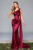 Load image into Gallery viewer, Burgundy Satin One Shoulder Mermaid Long Formal Dress with Side Cape