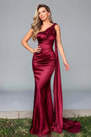 Load image into Gallery viewer, Burgundy Satin One Shoulder Mermaid Long Formal Dress with Side Cape