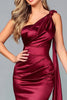 Load image into Gallery viewer, Burgundy Satin One Shoulder Mermaid Long Formal Dress with Side Cape