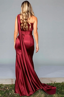 Load image into Gallery viewer, Burgundy Satin One Shoulder Mermaid Long Formal Dress with Side Cape