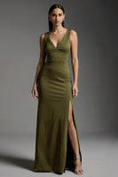 Load image into Gallery viewer, Simple Olive Satin V-Neck Mermaid Long Formal Dress with Slit