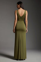 Load image into Gallery viewer, Simple Olive Satin V-Neck Mermaid Long Formal Dress with Slit