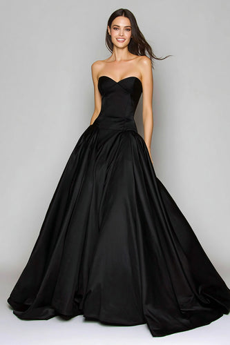 Black Satin A-Line Sweetehart Strapless Long Formal Dress