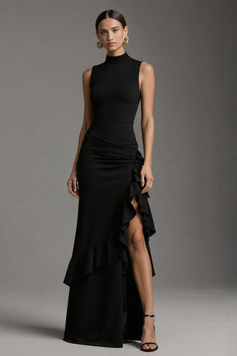 Black Satin Mermaid Ruffled High Neck Long Formal Dress with Slit