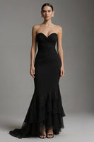 Load image into Gallery viewer, Black Tulle Mermaid Sweetheart Ruched Long Formal Dress with Ruffles