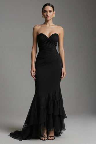 Black Tulle Mermaid Sweetheart Ruched Long Formal Dress with Ruffles