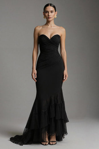 Black Tulle Mermaid Sweetheart Ruched Long Formal Dress with Ruffles