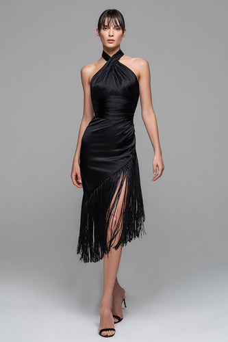 Black Satin Halter Bodycon Midi Semi-Formal Dress with Fringes