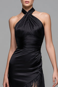 Black Satin Halter Bodycon Midi Semi-Formal Dress with Fringes
