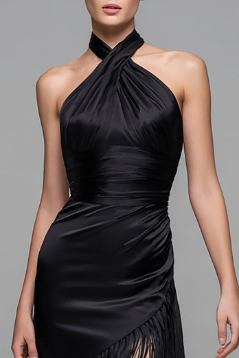 Black Satin Halter Bodycon Midi Semi-Formal Dress with Fringes