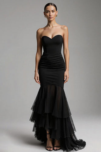 Black Mermaid Tulle Sweetheart Long Formal Dress with Ruffles