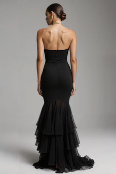 Black Mermaid Tulle Sweetheart Long Formal Dress with Ruffles