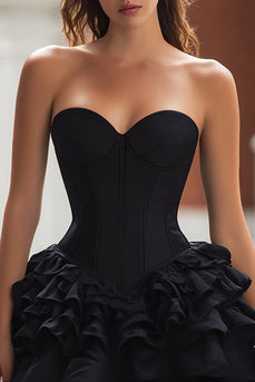 Black Satin A-Line Ruffled Sweetheart Short Corset Cocktail Dress