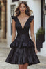 Load image into Gallery viewer, Black Satin Deep V-Neck A-Line Ruffled Short Cocktail Dress
