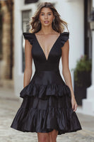 Load image into Gallery viewer, Black Satin Deep V-Neck A-Line Ruffled Short Cocktail Dress