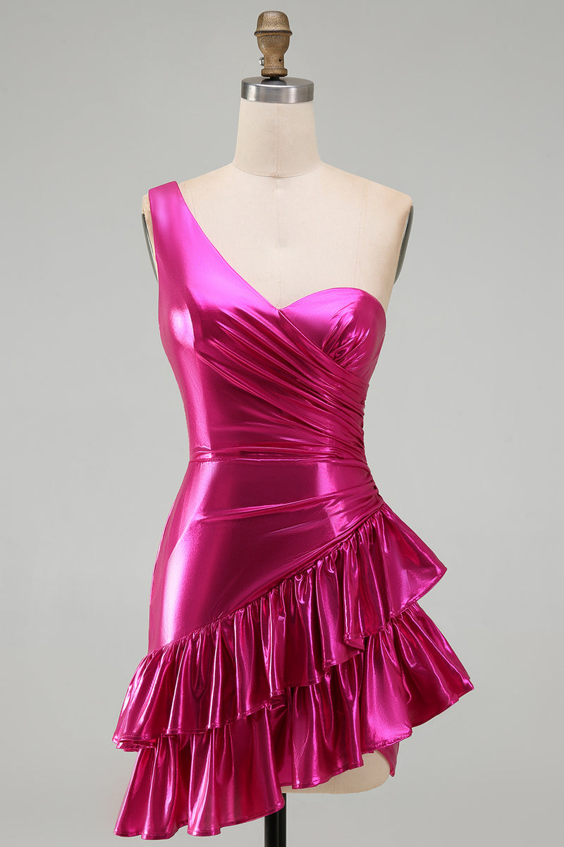 Load image into Gallery viewer, Sparkly Fuchsia Metallic One Shoulder Tight Short Cocktail Dress with Ruffles