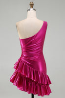 Load image into Gallery viewer, Sparkly Fuchsia Metallic One Shoulder Tight Short Cocktail Dress with Ruffles
