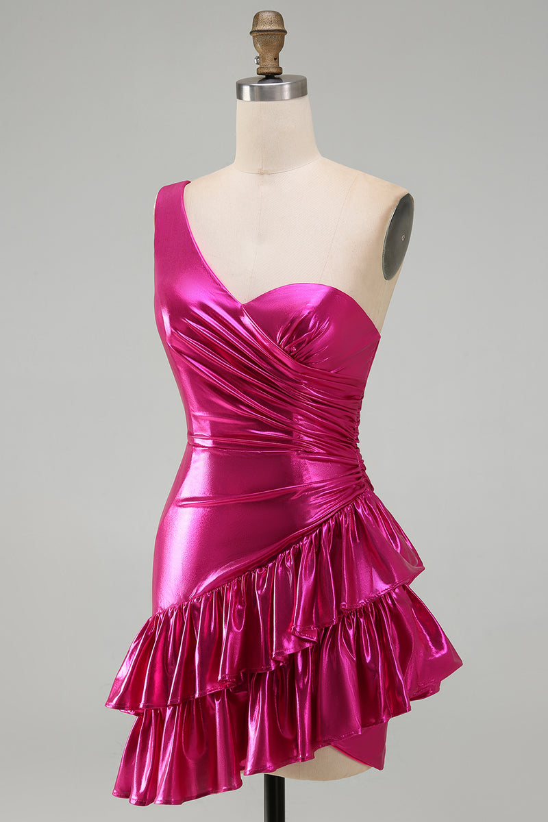 Load image into Gallery viewer, Sparkly Fuchsia Metallic One Shoulder Tight Short Cocktail Dress with Ruffles
