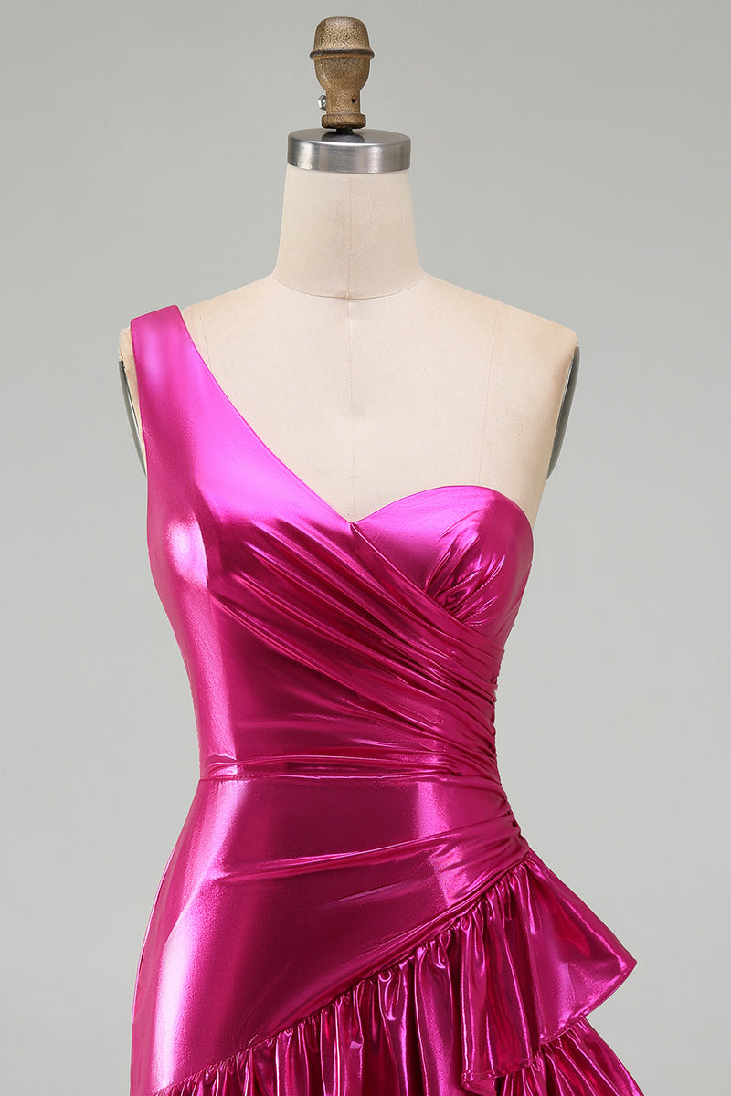 Load image into Gallery viewer, Sparkly Fuchsia Metallic One Shoulder Tight Short Cocktail Dress with Ruffles