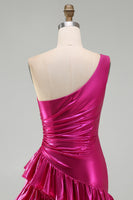 Load image into Gallery viewer, Sparkly Fuchsia Metallic One Shoulder Tight Short Cocktail Dress with Ruffles