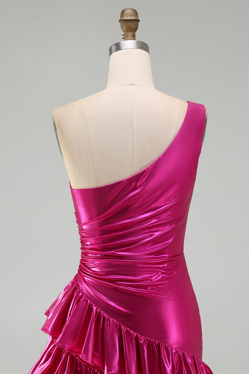Load image into Gallery viewer, Sparkly Fuchsia Metallic One Shoulder Tight Short Cocktail Dress with Ruffles