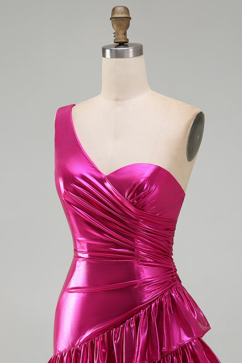 Load image into Gallery viewer, Sparkly Fuchsia Metallic One Shoulder Tight Short Cocktail Dress with Ruffles