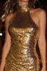 Load image into Gallery viewer, Sparkly Gold Sequin High Neck Tight Short Cocktail Dress