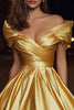 Load image into Gallery viewer, Gold Satin Off the Shoulder Ruched A-Line Short Cocktail Dress
