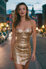 Load image into Gallery viewer, Sparkly Gold Spaghetti Straps Sequin Tight Short Cocktail Dress with Slit