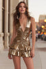 Load image into Gallery viewer, Sparkly Gold V-Neck Metallic Ruched Short Cocktail Dress with Ruffles