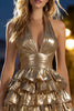Load image into Gallery viewer, Sparkly Gold Metallic Halter A-Line Short Cocktail Dress with Ruffles