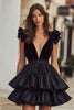 Load image into Gallery viewer, Black Satin Deep V-Neck A-Line Short Cocktail Dress with Ruffles