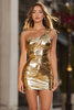 Load image into Gallery viewer, Sparkly Gold Metallic One Shoulder Ruched Tight Short Cocktail Dress