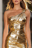 Load image into Gallery viewer, Sparkly Gold Metallic One Shoulder Ruched Tight Short Cocktail Dress
