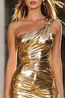 Load image into Gallery viewer, Sparkly Gold Metallic One Shoulder Ruched Tight Short Cocktail Dress