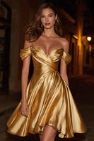 Load image into Gallery viewer, Gold Satin Off the Shoulder Ruched A-Line Short Cocktail Dress